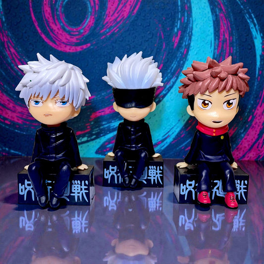 Anime Style Gojo Action Figure with Friends | Sitting Mini PVC Collectible Figures Set | Cute Desk Decor, Car Dashboard Toy | Gift for Anime Lovers (Set of 3)