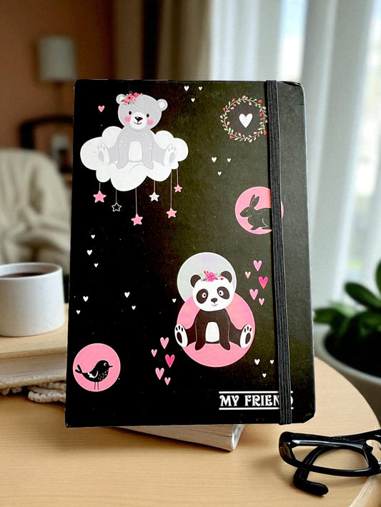 "My Friend" Black A5 Diary | Cute Panda & Bear Design | Elastic Band A5 Diary RULLED 100 Pages