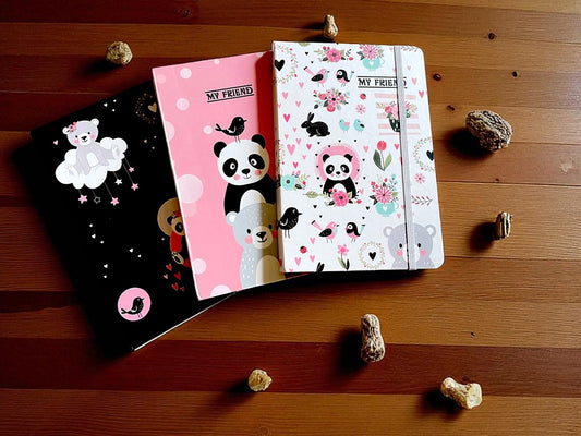 "My Friend" Black A5 Diary | Cute Panda & Bear Design | Elastic Band A5 Diary RULLED 100 Pages
